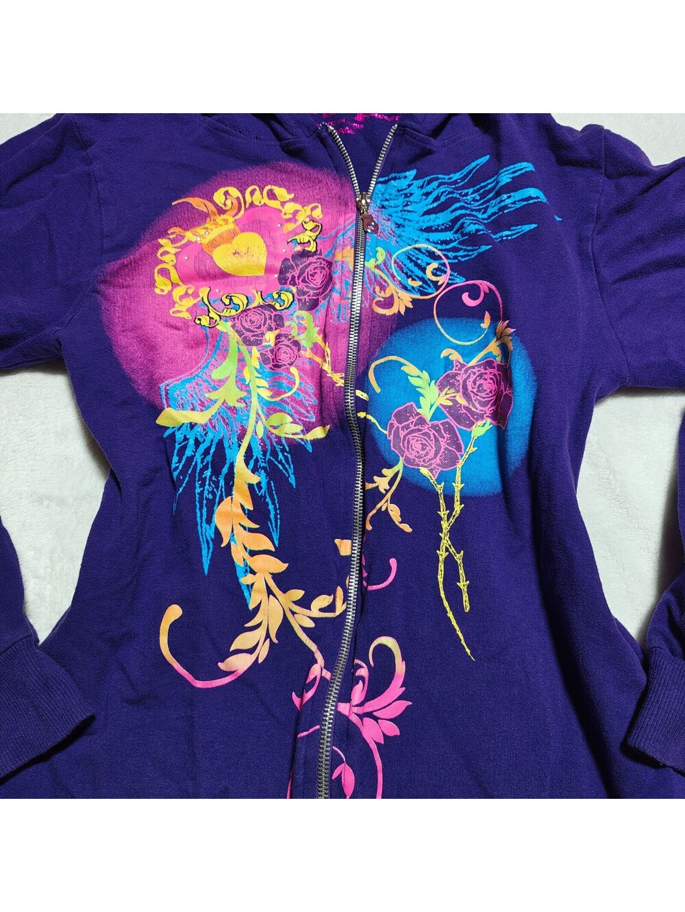 Y2K purple graffiti tattoo style graphic cotton zip up hoody